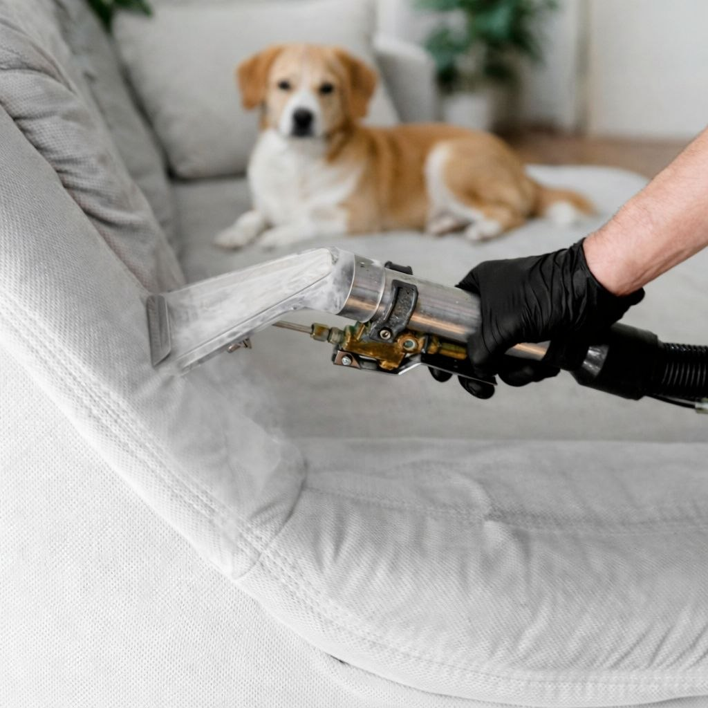 Sohvan puhdistus ja koira taustalla